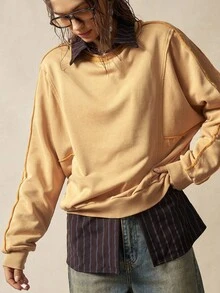 Bohemela Sudadera holgada de mujer de punto de cuello redondo, unicolor amarillo, estilo bohemio, para otoño/invierno - Azul - Ver 4