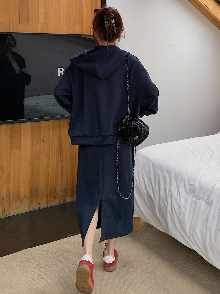 2pcs/Set Women Solid Color Loose Hoodie Sweatshirt & A-Line Split Hem Skirt Casual Street Wear Thick Outfit, Autumn/Winter Lounge Sets For Women