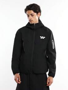 SUMWON Premium Waterproof Shell Jacket Full Zip Windbreaker With Chest Logo Lightweight Outdoor Hood Utility Travel Essential Weather Protection - Black - View 2