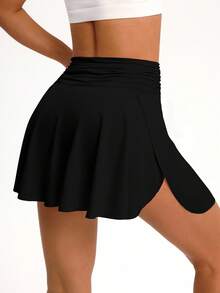 CourtClass 2pcs Women's Solid Color Waist Ruched Pocket Sports Skirt Pants Set Skort With Pockets - Multicolor - View 2