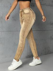 SHEIN ICON Jeans pitillo de mujer con bolsillos sesgados lavados - Caqui - Ver 6