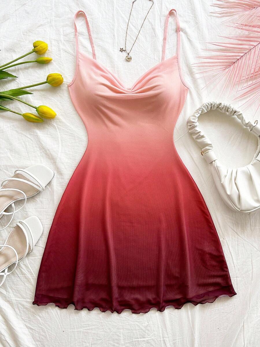 Soleia 大码女式细肩带垂坠领迷你连衣裙，渐变色，适合海滩、西部、度假、音乐节、夏季服装、波西米亚风