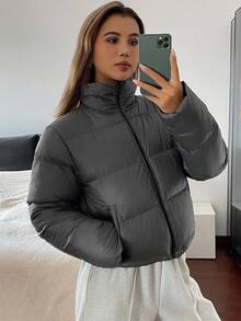 DAZY 女士棉衣冬季外套立领短款保暖内里加厚宽松欧美风街头时尚短款夹克冬 - 灰色 - 查看 8