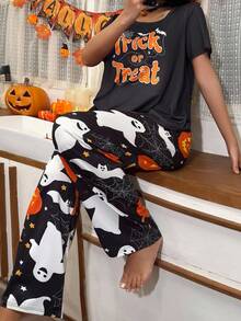 CoupledUp Women's Halloween Pumpkin, Bat, Ghost Cartoon Print Knit Short Sleeve Pajama Set - Black - View 4