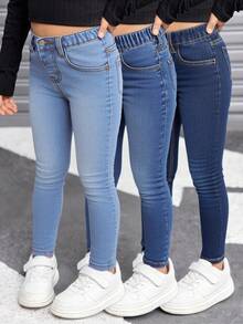SHEIN 3件套少女深蓝色、中蓝色、浅蓝色弹力修身牛仔裤，秋冬季时尚度假装 - 彩色 - 查看 2