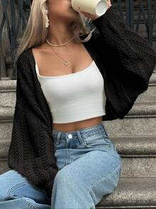 Batwing Sleeve Hollow Out Lightweight Knit Cardigan - Black - View 6