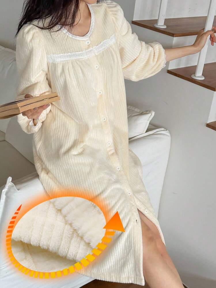 Women's Striped Fuzzy Ruffle Trim Puff Sleeve Loungewear Dress, Winter, Fall Fluffy Pajama, Cozy Outfits, Moo Moo Night Dress