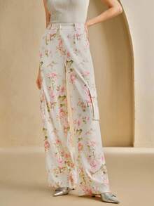 Anewsta Celana Panjang Wanita Model Longgar Kasual Elegan Motif Mawar, Cocok untuk Liburan Musim Semi/Panas - Aprikot - View 3