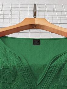 Linhara Women's V-Neck Embroidered 3/4 Sleeve Linen Blouse, Loose Fit Summer Top