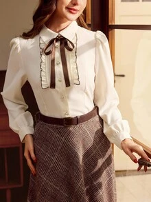 SHEIN DECDS 女士复古优雅撞色滚边蝴蝶结纽扣休闲衬衫，适合工作、度假、秋冬季节穿着的优雅衬衫 - 米色 - 查看 5
