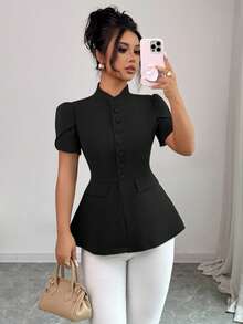 Elenzga 女士休闲别致西西里优雅衬衫，浪漫法式风格，适合通勤、度假、下午茶、派对，纯色，立领，前扣，泡泡袖，A 字型，装饰口袋，短袖，春夏 - 黑色 - 查看 7