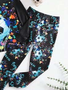 2 Stücke/Set Gestricktes Oberteil mit Rundhalsausschnitt und lange Hose Sportbekleidung für Kleine Jungen, Fußball & Leuchtschrift, cooles Design, mehrfarbig, Herbst/Winter - Verschiedenfarbig - Übersicht 4