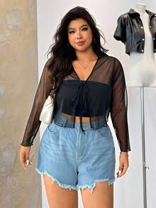 SHEIN EZwear Plus Tie Front Mesh Top Without Cami Top - Black - View 3