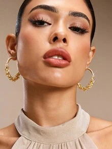 SHEIN Women's Fashionable Gold Rhinestone Copper Hoop Earrings, Suitable As Gift For Mom Or Girlfriend - Gold - View 3