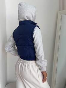 Aloruh 秋冬女士简约海军蓝领口袋宽松棉服外套 - 藏蓝色 - 查看 3