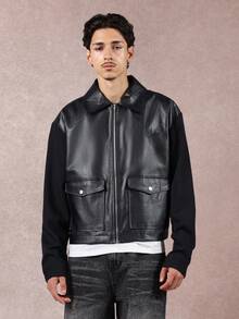 SUMWON 短款奢华双色皮革飞行员哈灵顿夹克，带前袋，高档休闲外套，街头风格，秋冬时尚 - 黑色 - 查看 3