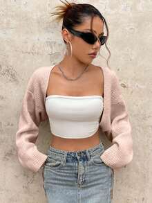 EURMUSE Y2K Grunge Drop Shoulder Open Front Crop Cardigan Without Tube Top - Coral Pink - View 11