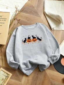 INAWLY 女式卡通猫和南瓜万圣节刺绣图案圆领长袖休闲运动衫 - 灰色 - 查看 6