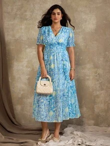 Roveilla Elegantes Kleid in Große Größen mit blauem Allover-Muster, V-Ausschnitt und Rüschensaum, Sommer - Verschiedenfarbig - Übersicht 4