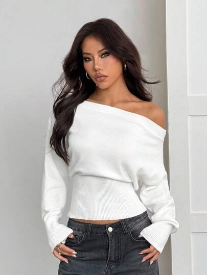 SHEIN PETITE Beige 3D Floral Asymmetric Loose Knit Sweater, Romantic For Outings, Autumn/Winter White Off The Shoulder Sweater Off Shoulder Long Sleeve Top White Knit Top Off The Shoulder Top,Fall