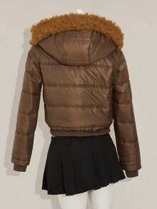 SHEIN ICON 女式保暖拉链连帽加厚毛边外套，冬季 - 棕色 - 查看 7