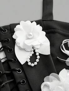 BamGleam 女士 3D 花朵绑带镂空吊带背心和迷你裙性感套装 - 黑色 - 查看 7