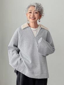 FRIFUL 女士拼接领毛绒边宽松加厚抓绒休闲卫衣，冬季 - 黑色 - 查看 3