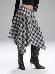 LYSMO 2025新款女士秋季时尚格子不对称A字裙，尽显优雅乡村风情 - 黑與白 - 查看 5