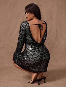 Rustia Women's Plus Size Backless Sequin Mini Dress,Elegant Black Autumn Night Out Club Clothing,Birthday Party Evening Dress,Wedding Guest Gown - Black - View 7