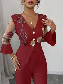 Rafferiza 女士优雅两件套网眼刺绣拼布中袖杏色上衣 - 酒紅色 - 查看 3