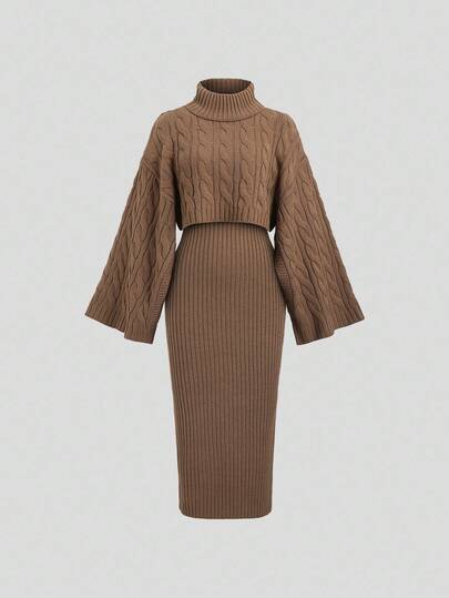 Sweetra 2pcs Women's Casual Cozy Knit Sweater Top And Long Skirt Set, Loose Fit High Neck Long Sleeve Cropped Pullover And Skirt, Autumn/Winter