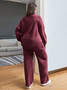 EURMUSE Plus Size Women Casual Solid Color High Neck Dropped Shoulder Loose Pullover Sweater And Sweater Pants Set, Autumn/Winter Two Piece Set Women Comfy - Burgundy - View 2