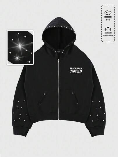 Black Jack X ROMWE Felpa con cappuccio nera da uomo, stile corto, con grafica a figura di cartone animato, decorata con finta perla e diamante, con chiusura lampo, autunno