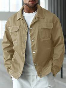 Manfinity Homme Men's Casual Fashion Contrast Stitch Flap Pocket Utility Jacket, Spring/Autumn - Khaki - View 6