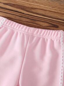 2 件女婴甜美可爱蝴蝶结拼接圆领荷叶边长袖上衣和阔腿裤卫衣套装，舒适休闲，春秋 - 淺粉色 - 查看 4