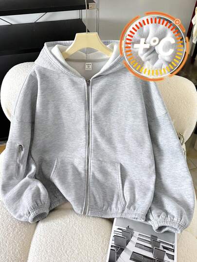 SHEIN 青少年女孩纯色拉链连帽衫，带口袋，长袖，休闲，长袖连帽夹克，适合秋冬季，返校季节，干净的女孩，休闲运动学院连帽夹克