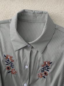 Franclia Fashion Casual Daily Versatile Commuting Blue Striped Shirt Collar Embroidery Short Sleeves Belt Decoration Khaki Wide-Leg Pants Shorts Women's Spring And Summer Two Pieces Suits Ladies Teacher Clothing Ladies Two Pieces Suit