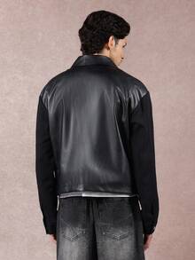 SUMWON 短款奢华双色皮革飞行员哈灵顿夹克，带前袋，高档休闲外套，街头风格，秋冬时尚 - 黑色 - 查看 2