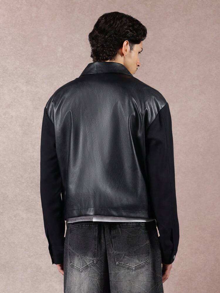 Leather Harrington Jacket With Contrast Sleeves