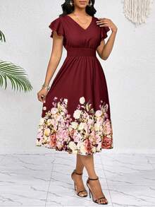 SHEIN Lady 女式 V 领荷叶边袖腰部收紧中长休闲连衣裙，夏季 - 酒紅色 - 查看 5