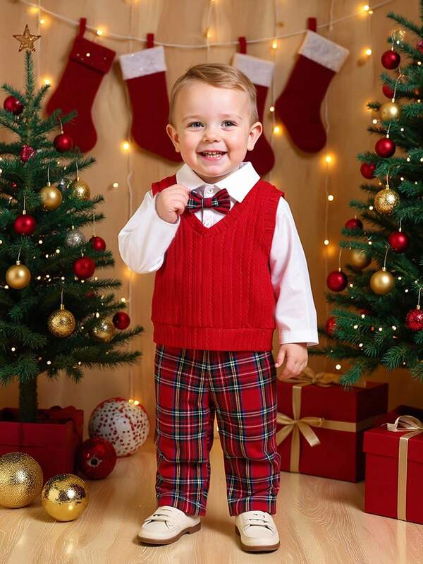 Souflis Souflis 3pcs Baby Boy Textured V-Neck Sweater Vest, Paired With Long Sleeve Shirt And Red Plaid Pants, Elegant Outfit Suitable For Christmas ,Parties And Other Autumn/Winter OccasionsBaby Boy Fall Outfit Baby Casual Gentleman Style Set Infant Boy Outfit Baby Boy Outfit Set Toddler Boy Clothes Boys Outfit Sets