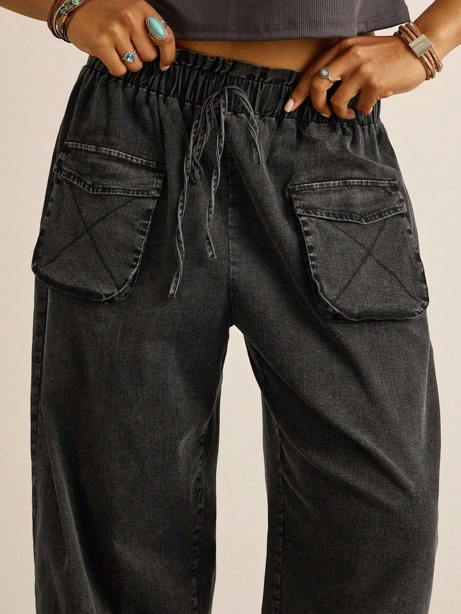 Freevana Quần ống đứng dáng rộng có túi hộp thắt eo cỡ lớn dành cho nữ - màu đen - Xem 1