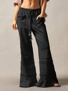 Bohemela Bohemian Style Solid Color High Waist Flare Leg Knit Pants, Spring/Summer,Fall - Black - View 6