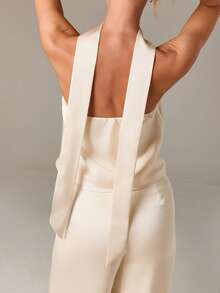 AiiRZ 晚会婚礼宾客两件套套装抹胸式露背上衣阔腿阔腿裤夏季特殊场合优雅服装 - 杏色 - 查看 5