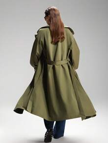 LYSMO Plus Size Solid Color Double-Breasted Long Trench Coat Winter Fall Autumn