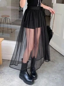 DAZY Falda transparente de unicolor con malla y efecto vaporoso para mujer - Negro - Ver 7