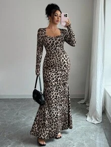 Elenzga 随机豹纹针织弹力复古优雅修身方领长泡泡袖腰部收紧美人鱼连衣裙，带褶饰设计 - 棕色 - 查看 6