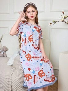 Girls Cartoon Dessert Print Ruffle Hem Short Sleeve Nightgown Girls Pajama Dress Kids Nightgown Girls Sleep Dress Girls Night Dress Girls Nighty - Multicolor - View 4