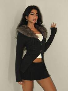 EgrlEra Women's Black Faux Fur Collar Patchwork Fitted Jacket - Black - View 6