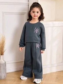 SHEIN 年轻女孩宽松休闲舒适字母刺绣圆领运动衫和裤子套装 - 深灰色 - 查看 4
